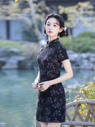 Beth and Brian Qipao-MYJ Floral print, black&white short Cheongsam