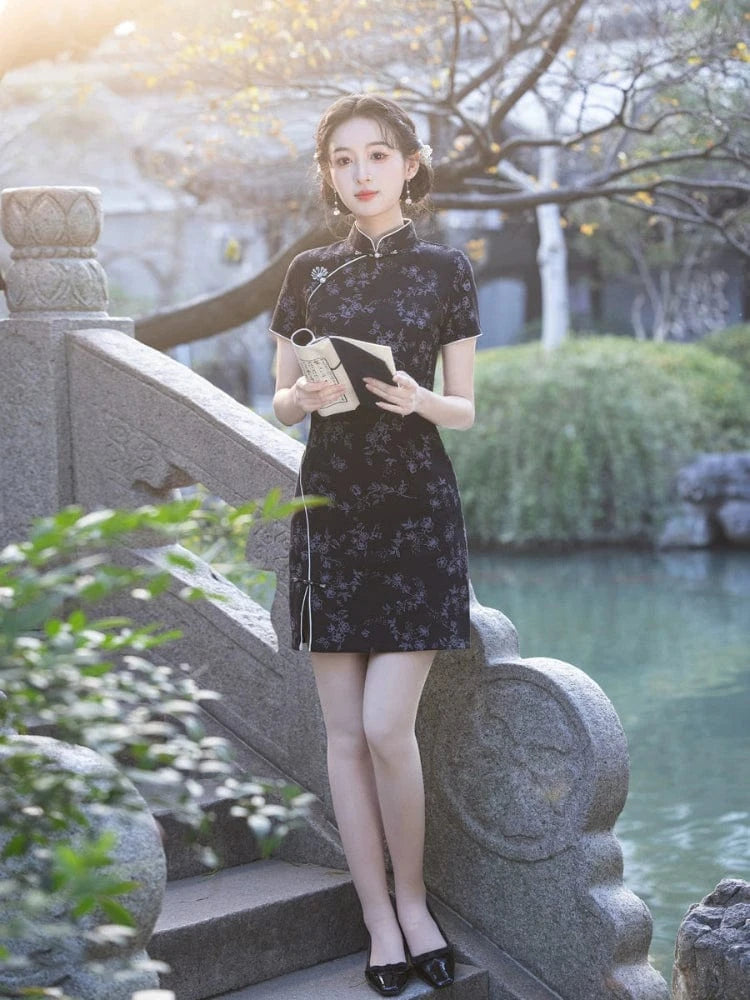 Beth and Brian Qipao-MYJ Floral print, black&white short Cheongsam