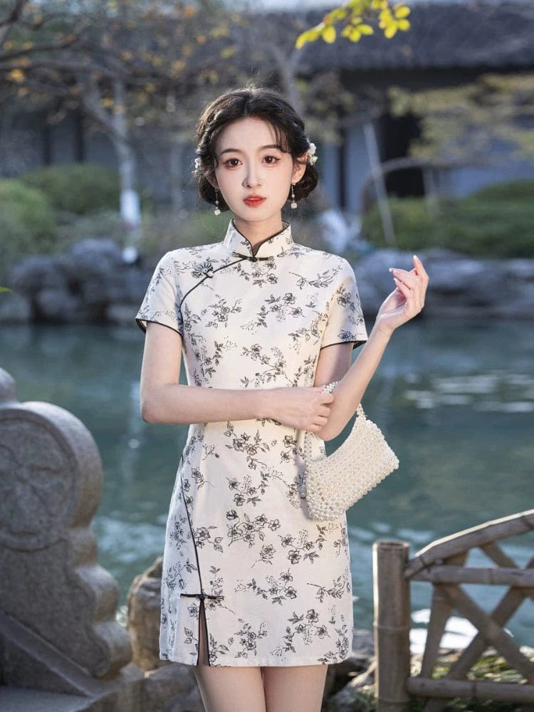 Beth and Brian Qipao-MYJ Floral print, black&white short Cheongsam