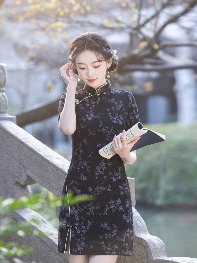 Beth and Brian Qipao-MYJ Floral print, black&white short Cheongsam