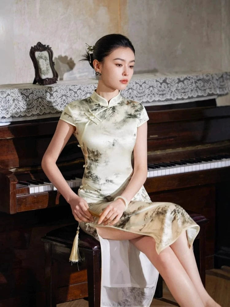 Beth and Brian Qipao-JD Chinese water painting pattern, 19 mome mulberry silk, high-end, midi Cheongsam