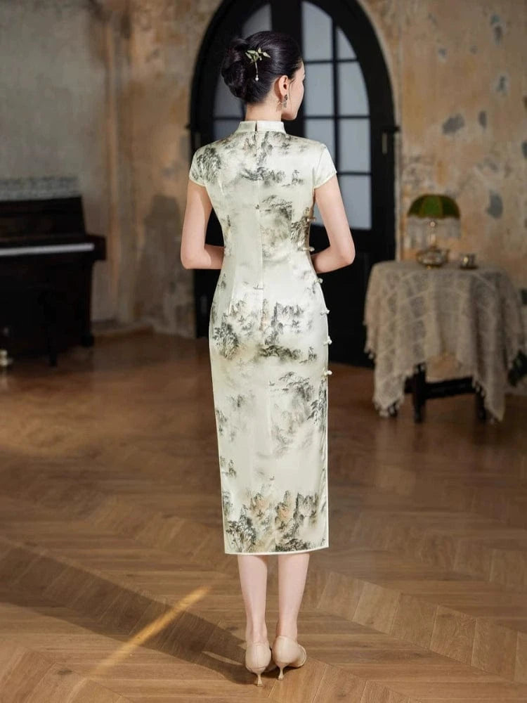 Beth and Brian Qipao-JD Chinese water painting pattern, 19 mome mulberry silk, high-end, midi Cheongsam