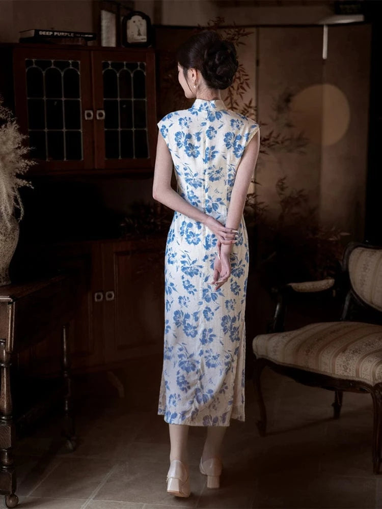 Beth and Brian Qipao-JD Tencel fabric, white and blue long Cheongsam