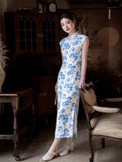 Beth and Brian Qipao-JD Tencel fabric, white and blue long Cheongsam