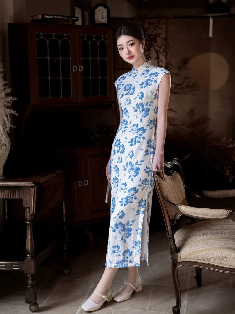 Beth and Brian Qipao-JD Tencel fabric, white and blue long Cheongsam