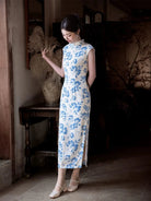 Beth and Brian Qipao-JD Tencel fabric, white and blue long Cheongsam