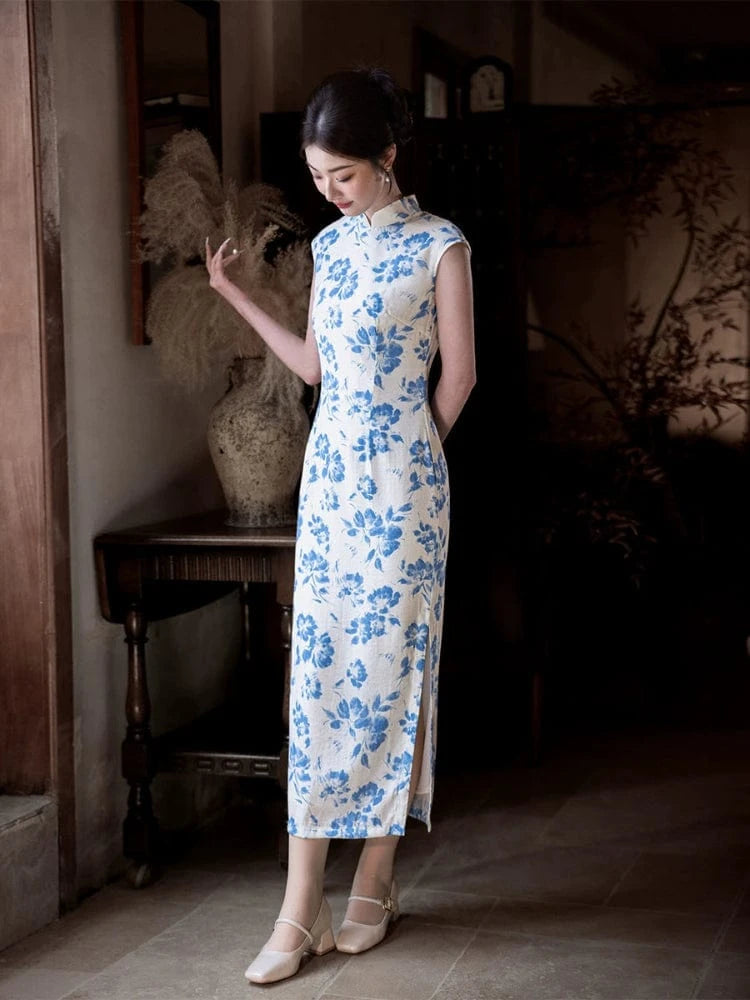 Beth and Brian Qipao-JD Tencel fabric, white and blue long Cheongsam