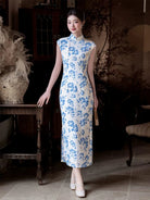 Beth and Brian Qipao-JD Tencel fabric, white and blue long Cheongsam