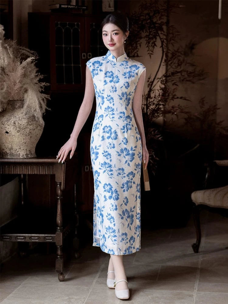 Beth and Brian Qipao-JD Tencel fabric, white and blue long Cheongsam