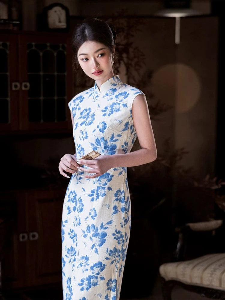 Beth and Brian Qipao-JD Tencel fabric, white and blue long Cheongsam