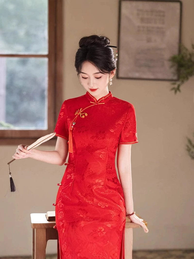 Beth and Brian Qipao-MLS Floral pattern, wedding red midi Cheongsam