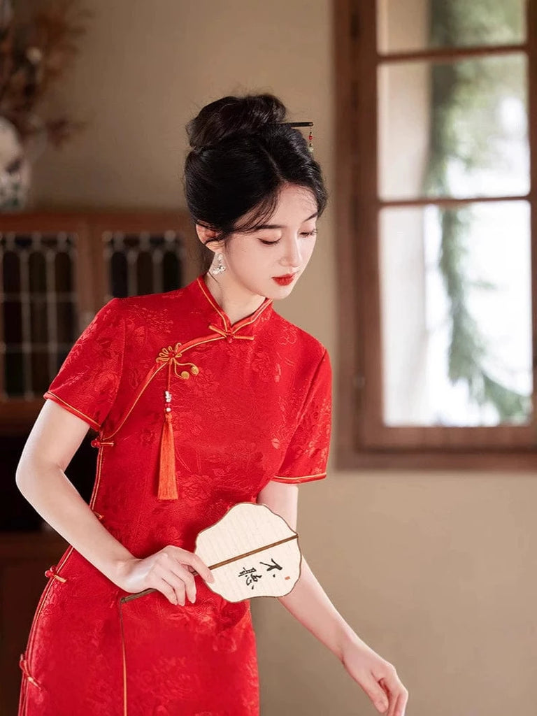 Beth and Brian Qipao-MLS Floral pattern, wedding red midi Cheongsam