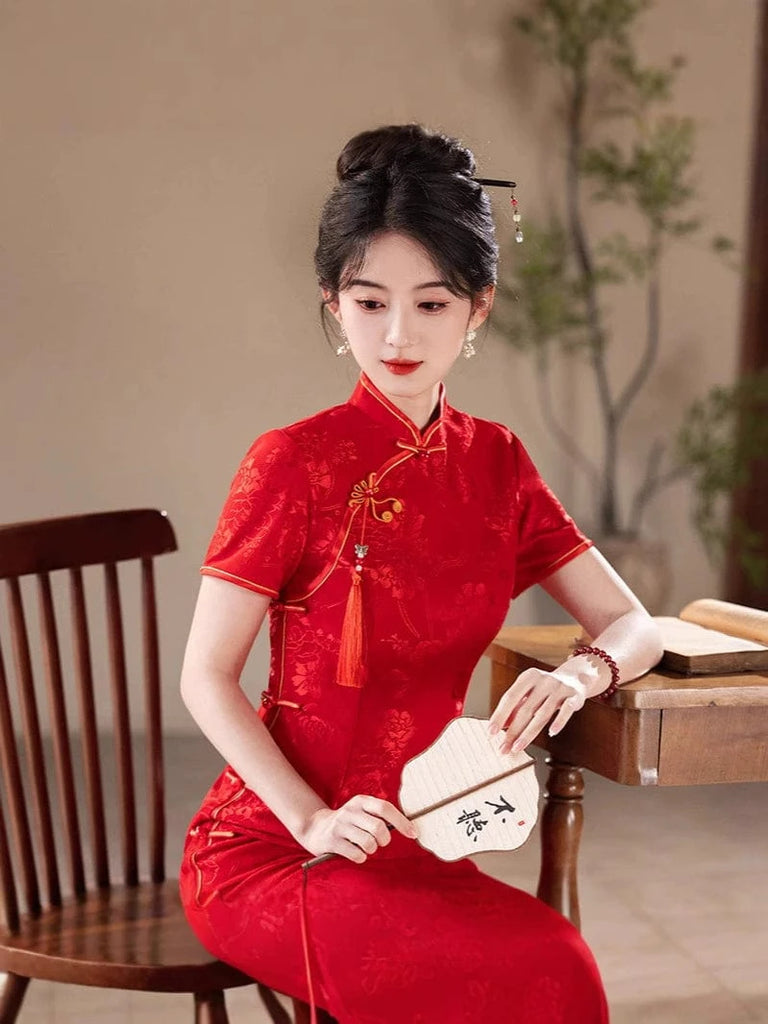 Beth and Brian Qipao-MLS Floral pattern, wedding red midi Cheongsam