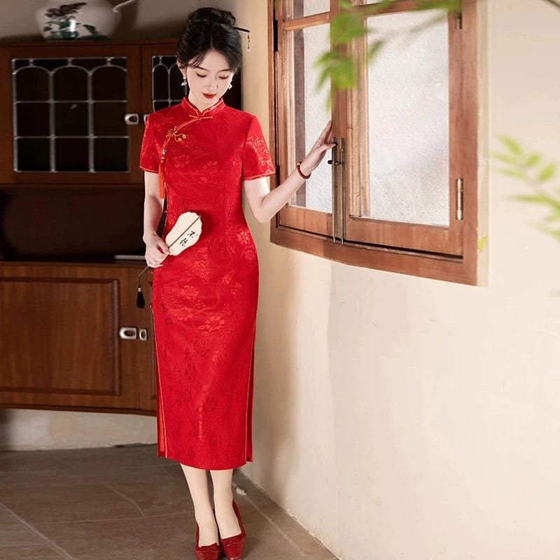 Beth and Brian Qipao-MLS Floral pattern, wedding red midi Cheongsam