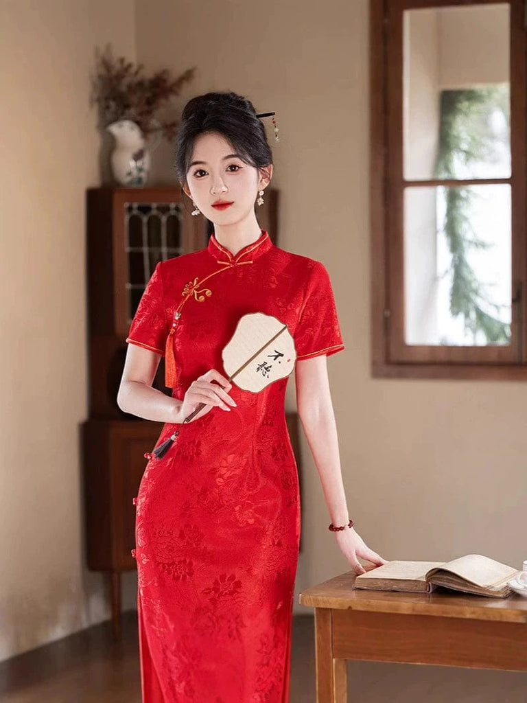 Beth and Brian Qipao-MLS Floral pattern, wedding red midi Cheongsam