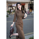 Beth and Brian Qipao-SYK Spring collection, brown knitting midi Cheongsam