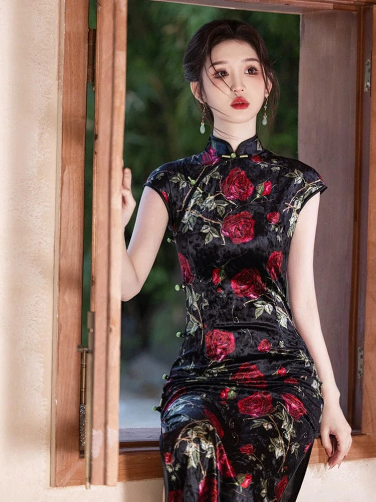 Beth and Brian Qipao-YG Velvet fabric, rose pattern midi Cheongsam