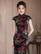 Beth and Brian Qipao-YG Velvet fabric, rose pattern midi Cheongsam