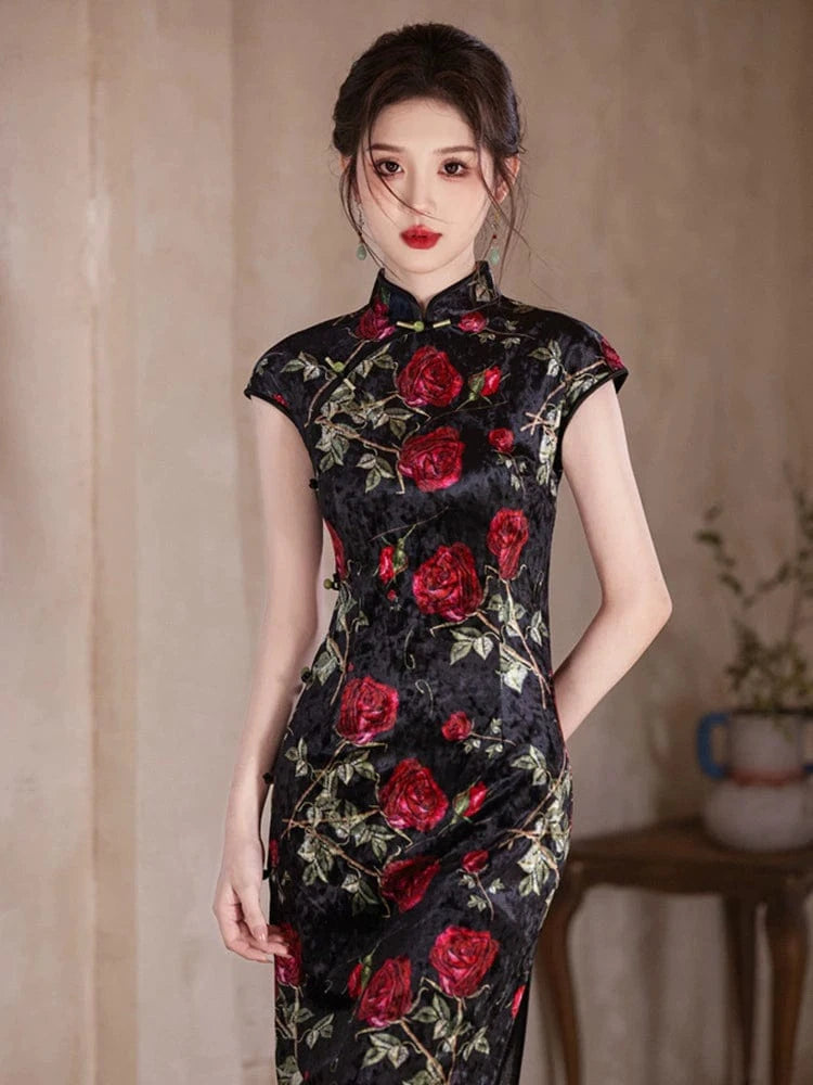 Beth and Brian Qipao-YG Velvet fabric, rose pattern midi Cheongsam