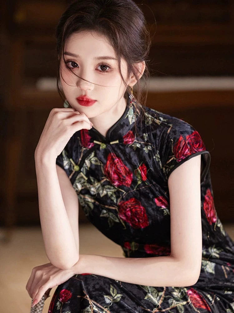 Beth and Brian Qipao-YG Velvet fabric, rose pattern midi Cheongsam