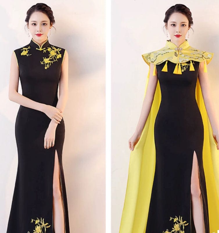 Beth and Brian Qipao-BS Customizble Floral Embroidery, Fishtail Satin Cheongsam