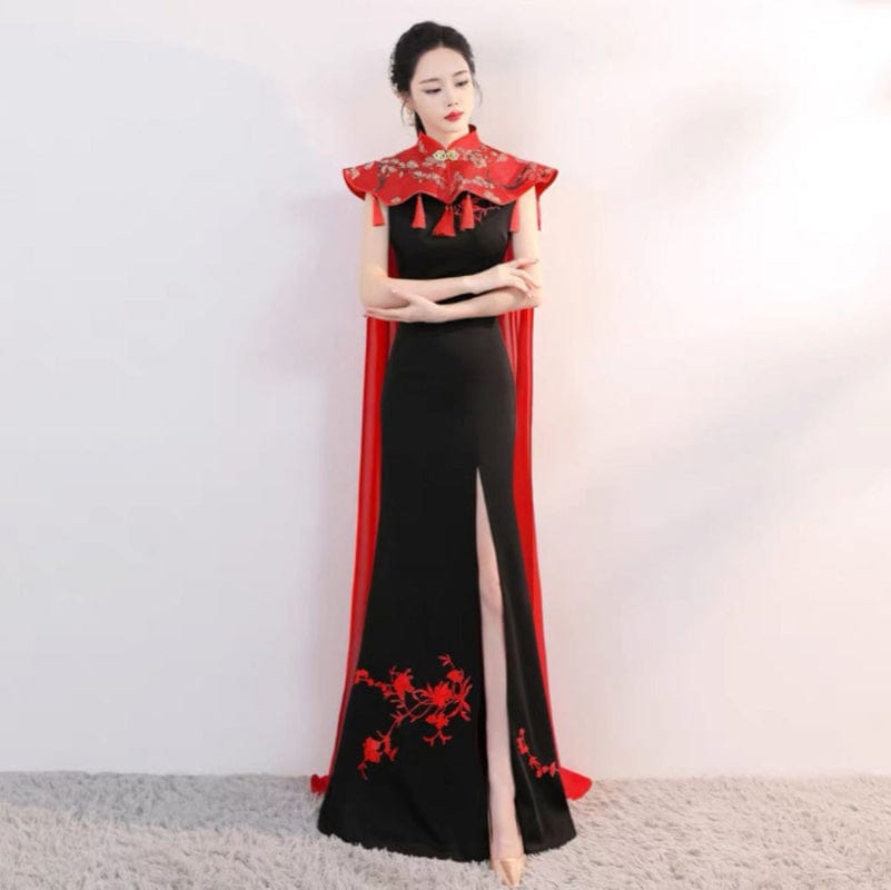 Beth and Brian Qipao-BS Customizble Floral Embroidery, Fishtail Satin Cheongsam