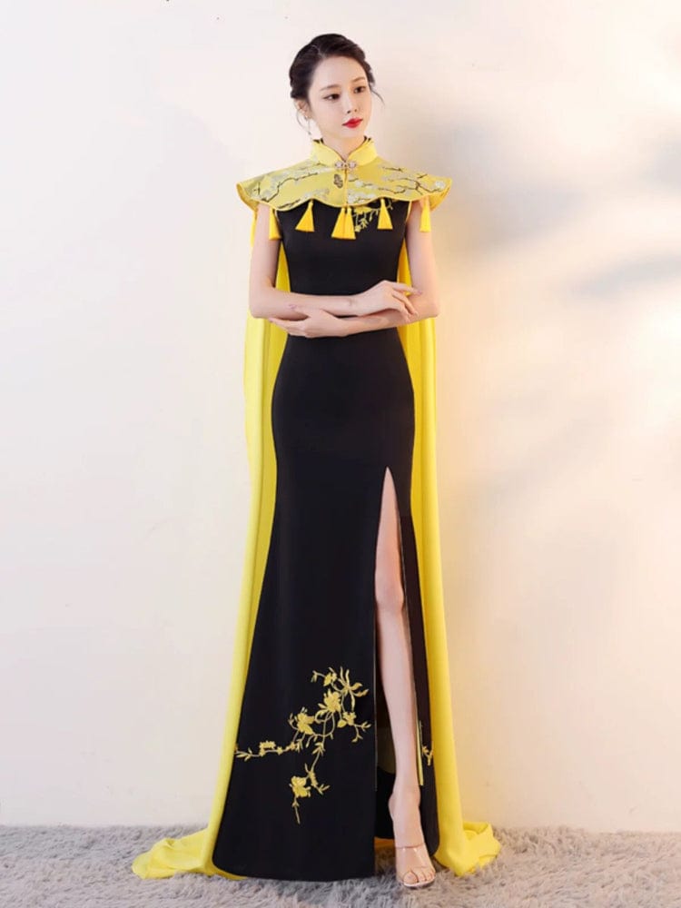 Beth and Brian Qipao-BS Customizble Floral Embroidery, Fishtail Satin Cheongsam