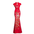 Beth and Brian Qipao-CJH Peacock embroidery, red wedding mermaid Cheongsam