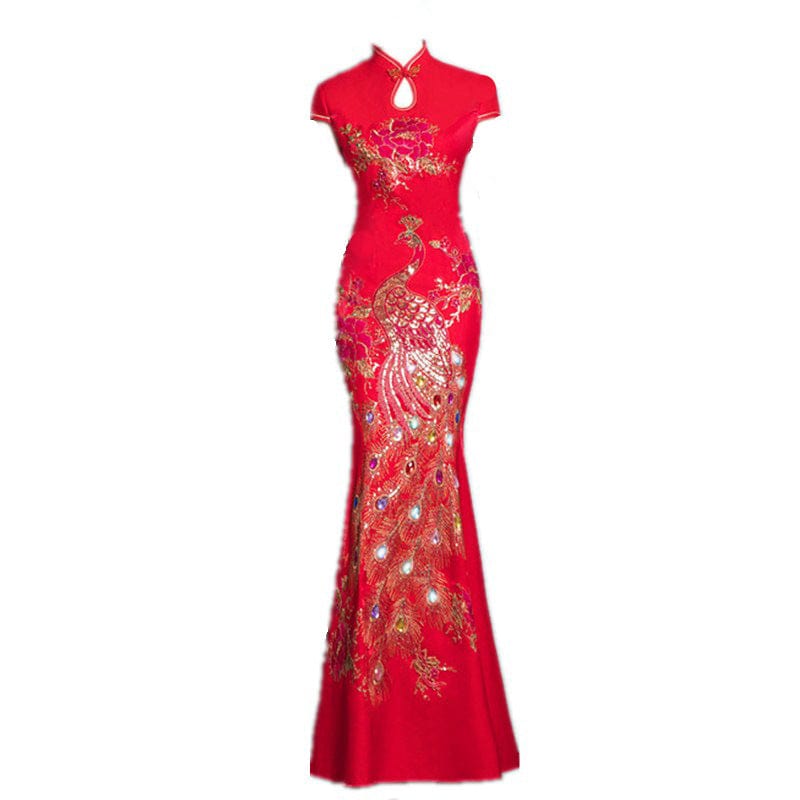 Beth and Brian Qipao-CJH Peacock embroidery, red wedding mermaid Cheongsam
