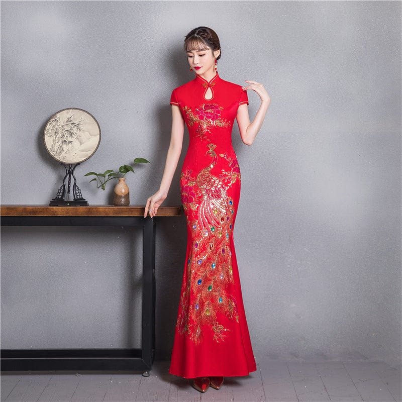 Beth and Brian Qipao-CJH Peacock embroidery, red wedding mermaid Cheongsam
