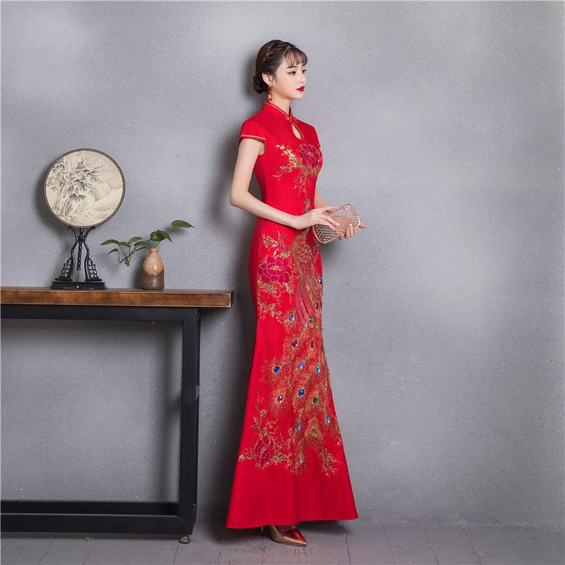Beth and Brian Qipao-CJH Peacock embroidery, red wedding mermaid Cheongsam
