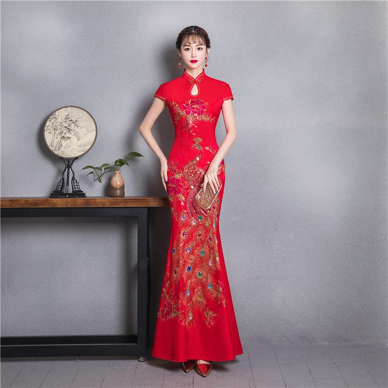 Beth and Brian Qipao-CJH Peacock embroidery, red wedding mermaid Cheongsam