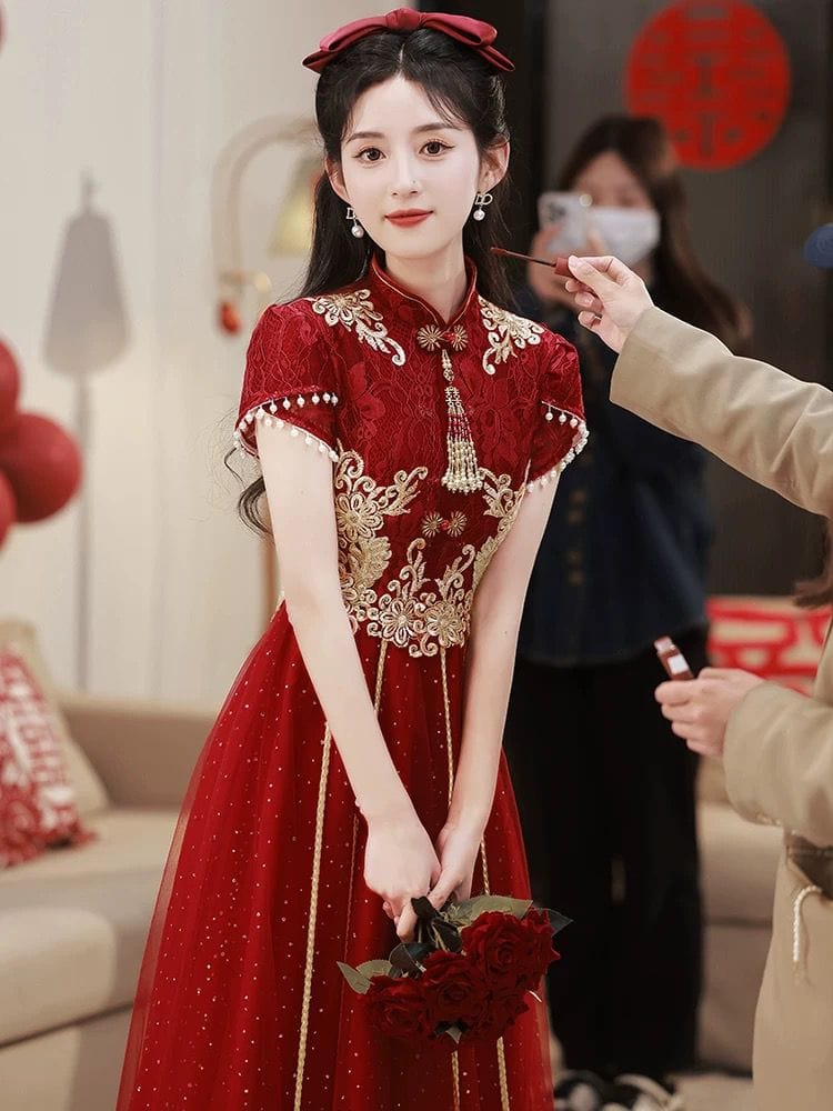 Beth and Brian Qipao-YS Floral embroidery, A line, burgundy long Cheongsam