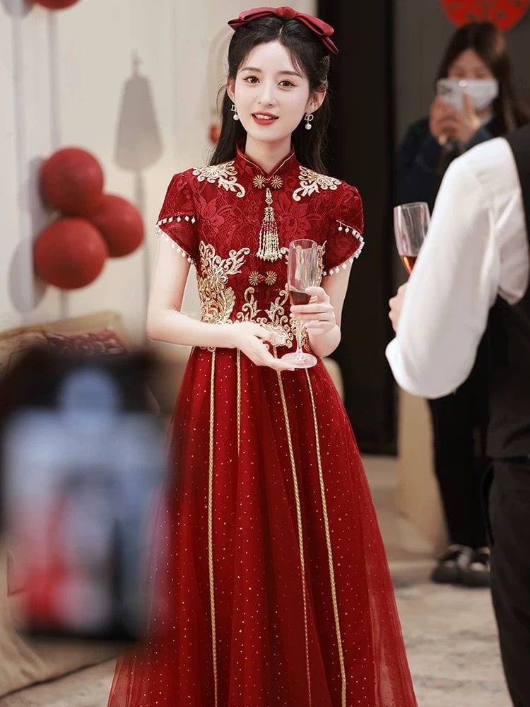 Beth and Brian Qipao-YS Floral embroidery, A line, burgundy long Cheongsam
