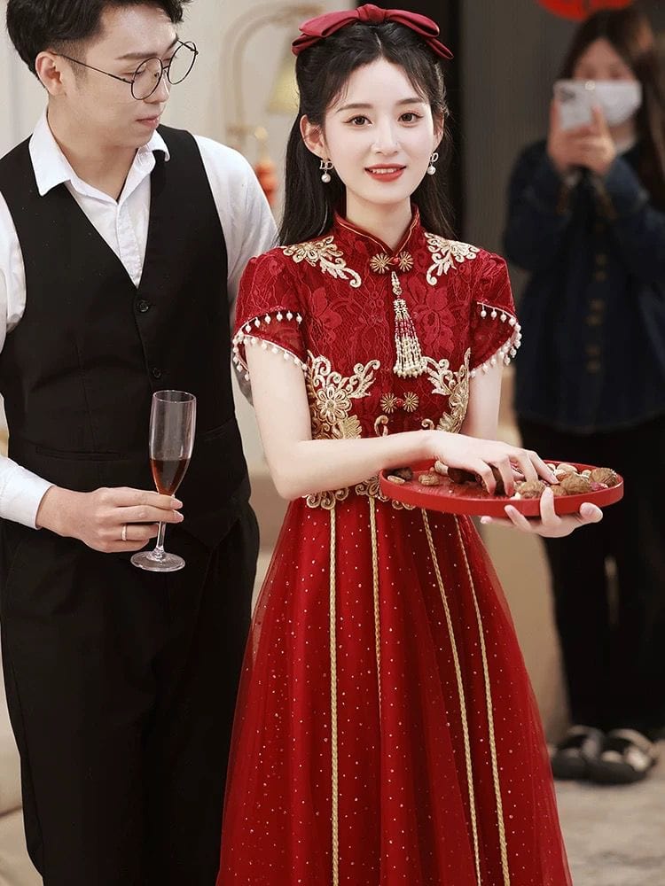 Beth and Brian Qipao-YS Floral embroidery, A line, burgundy long Cheongsam