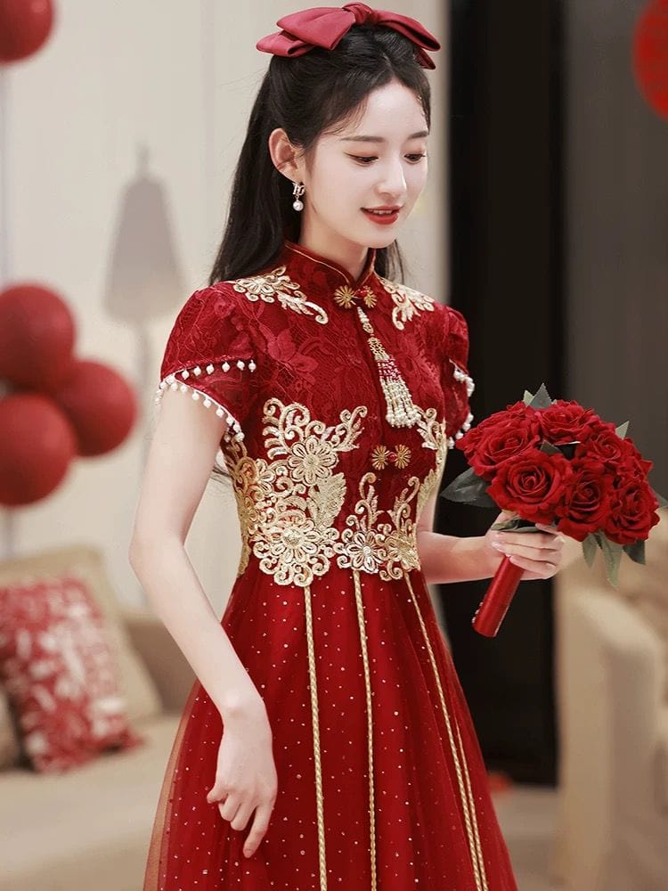 Beth and Brian Qipao-YS Floral embroidery, A line, burgundy long Cheongsam
