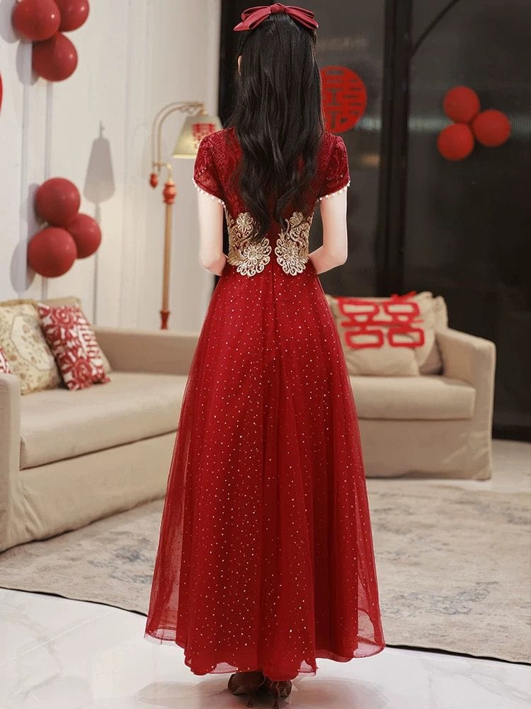 Beth and Brian Qipao-YS Floral embroidery, A line, burgundy long Cheongsam