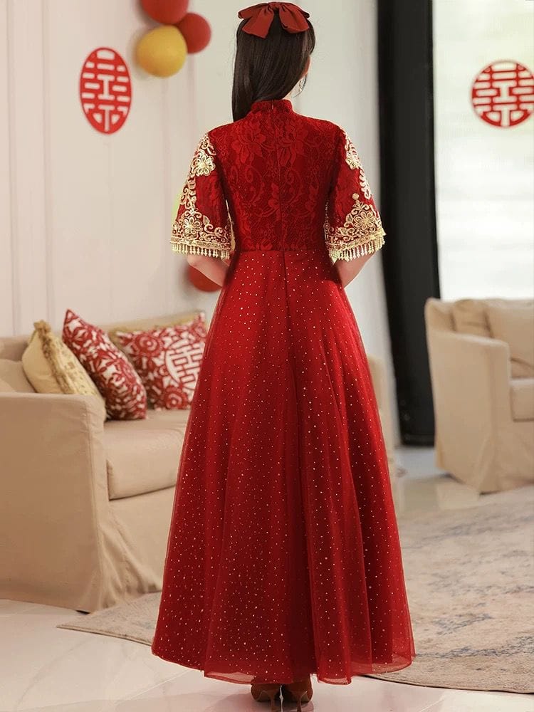 Beth and Brian Qipao-YS Floral embroidery, A line, burgundy long Cheongsam