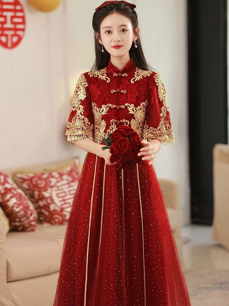 Beth and Brian Qipao-YS Floral embroidery, A line, burgundy long Cheongsam