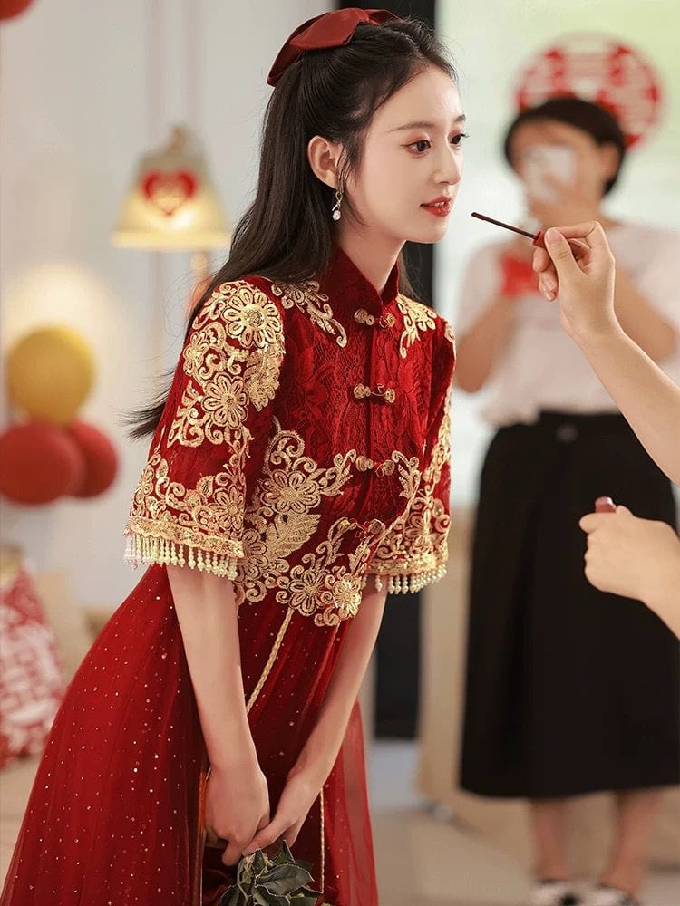 Beth and Brian Qipao-YS Floral embroidery, A line, burgundy long Cheongsam