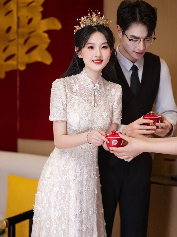 BethandBrianQipao-MS Floral pattern, lace champagne wedding Cheongsam