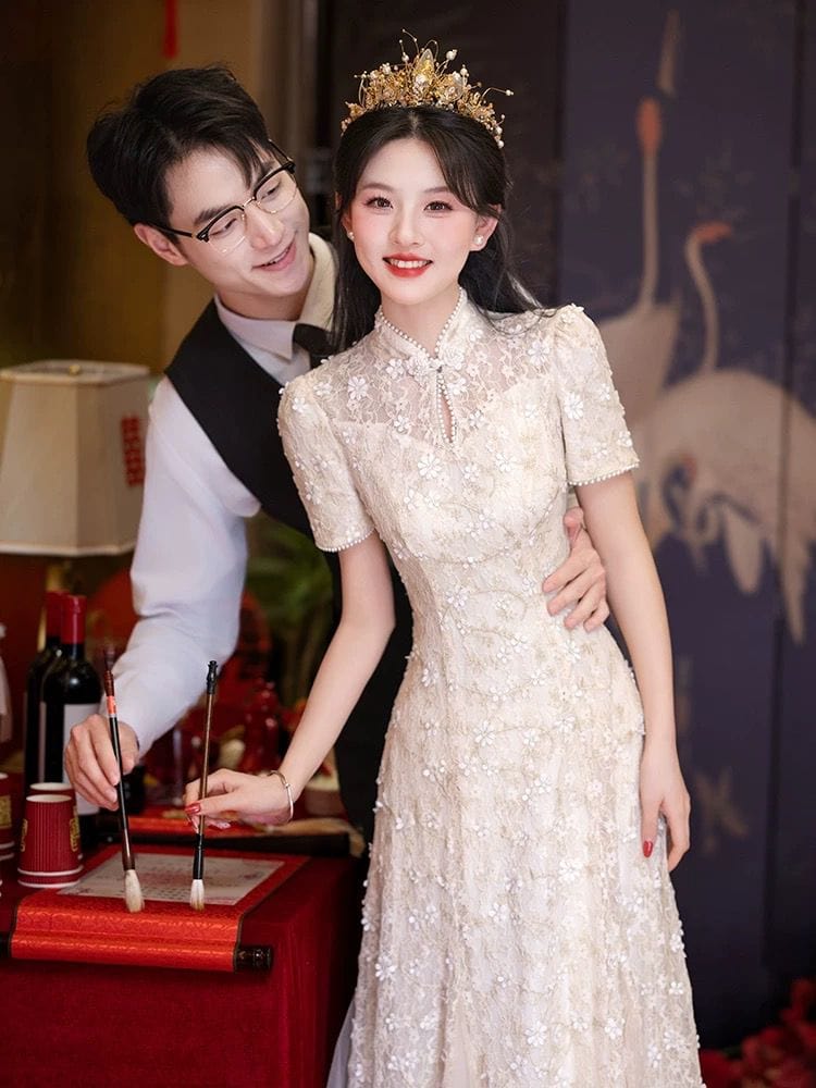 BethandBrianQipao-MS Floral pattern, lace champagne wedding Cheongsam