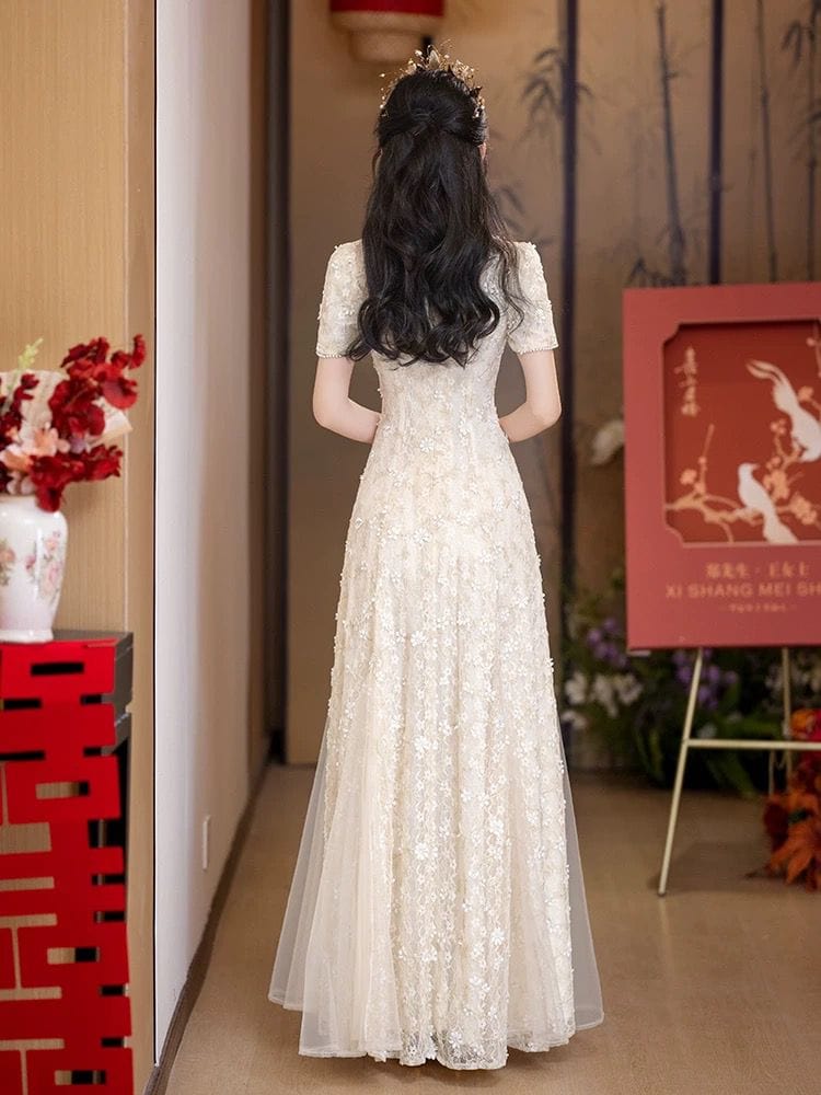 BethandBrianQipao-MS Floral pattern, lace champagne wedding Cheongsam