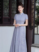 Beth and Brian Qipao-GSJ Floral pattern, purple&white midi Cheongsam