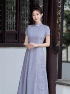 Beth and Brian Qipao-GSJ Floral pattern, purple&white midi Cheongsam