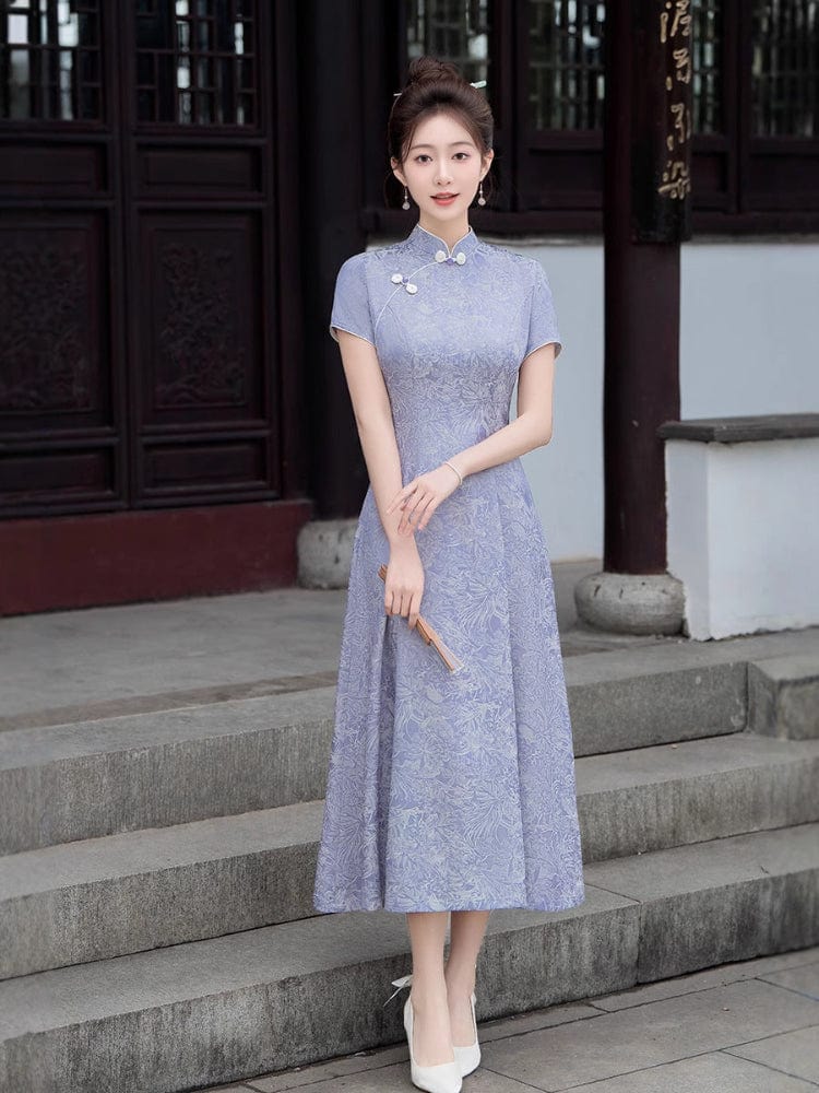 Beth and Brian Qipao-GSJ Floral pattern, purple&white midi Cheongsam