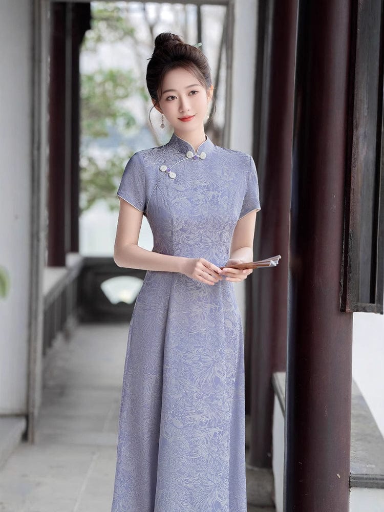 Beth and Brian Qipao-GSJ Floral pattern, purple&white midi Cheongsam