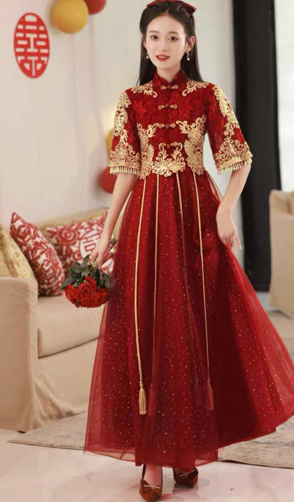Beth and Brian Qipao-YS Floral embroidery, A line burgundy long Cheongsam