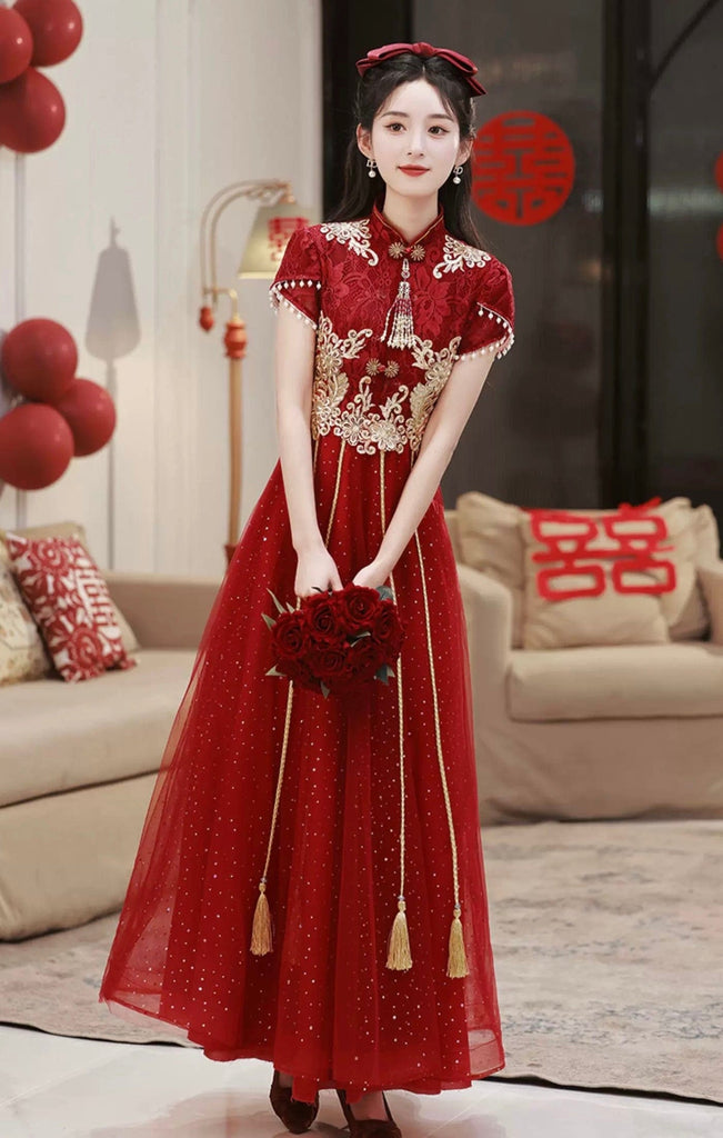 Beth and Brian Qipao-YS Floral embroidery, A line burgundy long Cheongsam