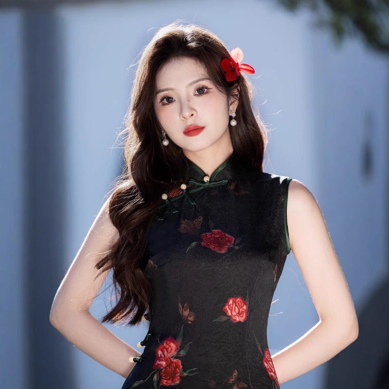 Beth and Brian Qipao-FRY Sleeveless, New Chinese style(新中式), black long Cheongsam